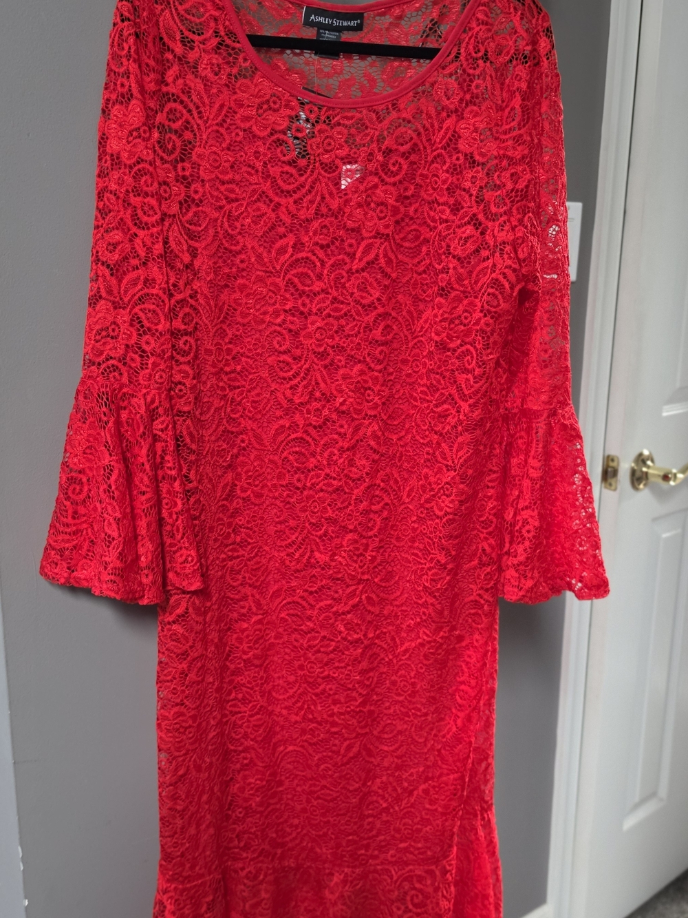 Ashley Stewart Lace Overlay Bell Sleeve Dress Red 18/20 NWT